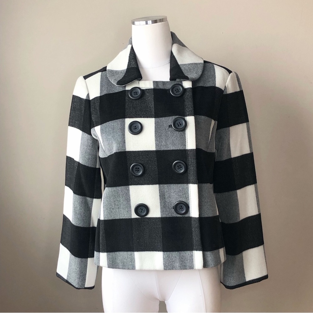 NWT Aqua Black & White Buffalo Plaid Short Boxy Pea Coat Jacket L